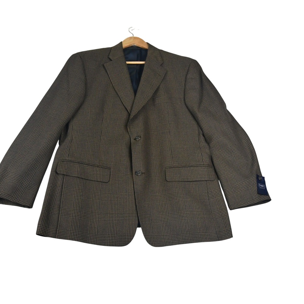 Haggar Collections Mens 44R Brown Glen Plaid Blazer Worsted Wool Blend NWT